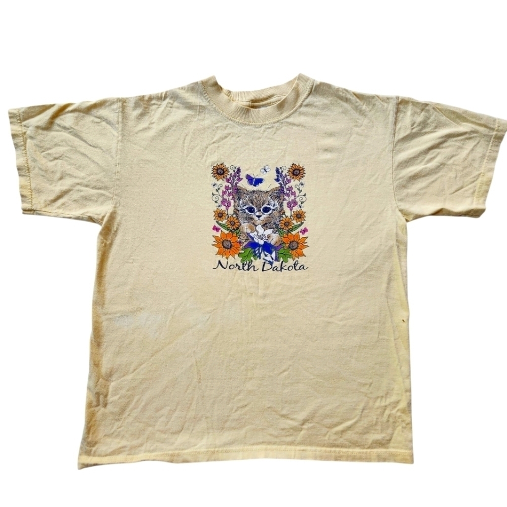 Y2K North Dakota Floral Cat Butterfly Graphic Nature Tshirt Sz M